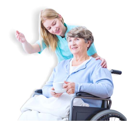 elder woman on wheelchair and staff smiling
